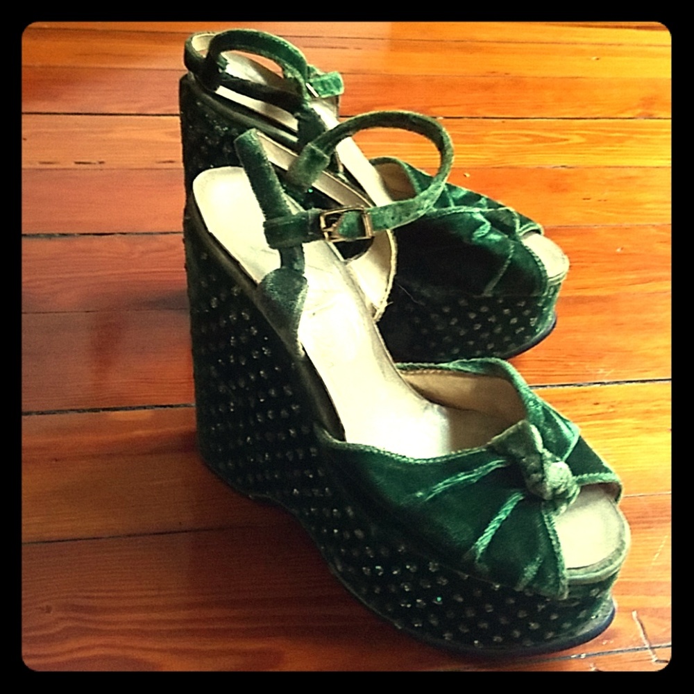 Vintage 70s Green Glitter Platform Sandals
